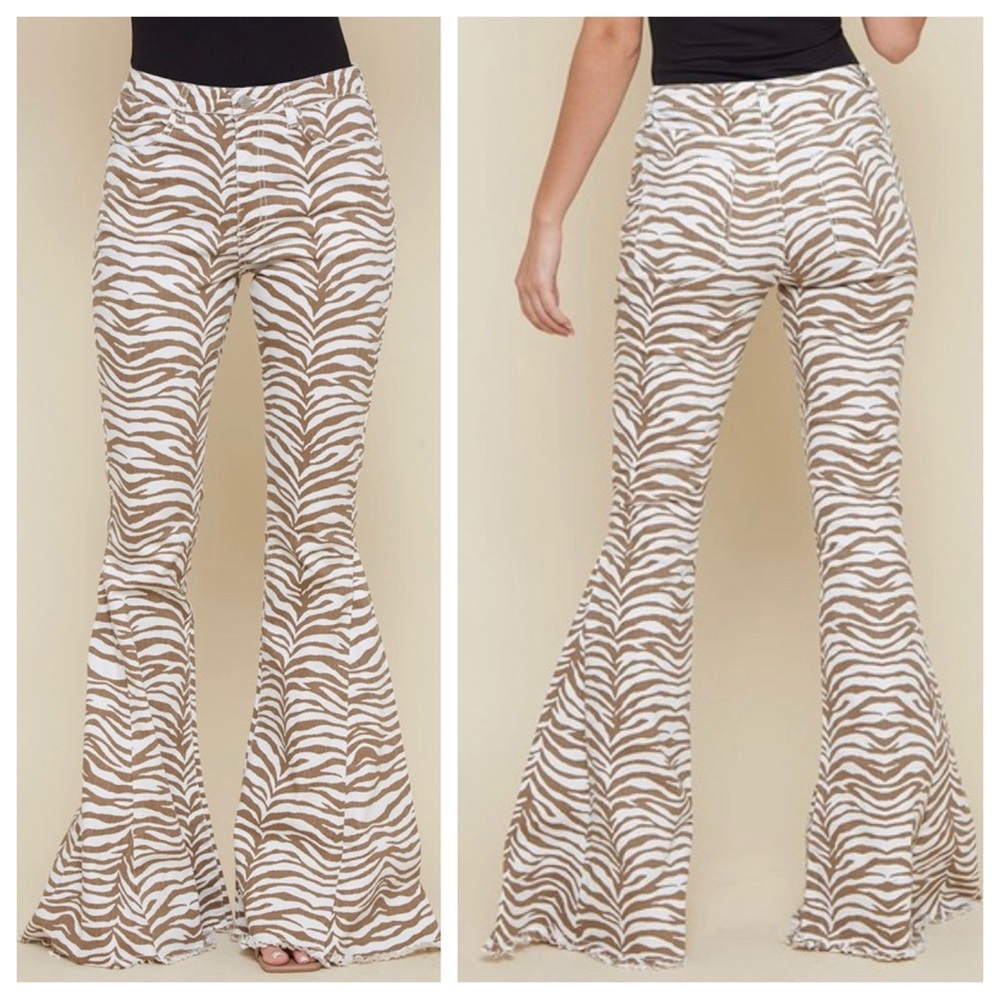 Brown & Ivory Zebra / Tiger Print Bell Bottoms Jeans - sku 9189